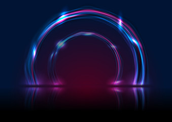 Blue and ultraviolet neon laser circles with reflection. Abstract rings technology retro background. Futuristic glowing electric graphic design. Modern vector illustration