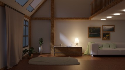 Night interior of a country house. Lights from lamps. Second floor with railings. 3D rendering.