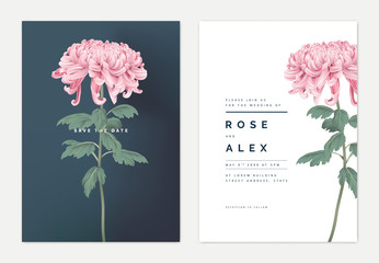 Minimalist floral wedding invitation card template design, pink Chrysanthemum morifolium flower with leaves, vintage theme - obrazy, fototapety, plakaty
