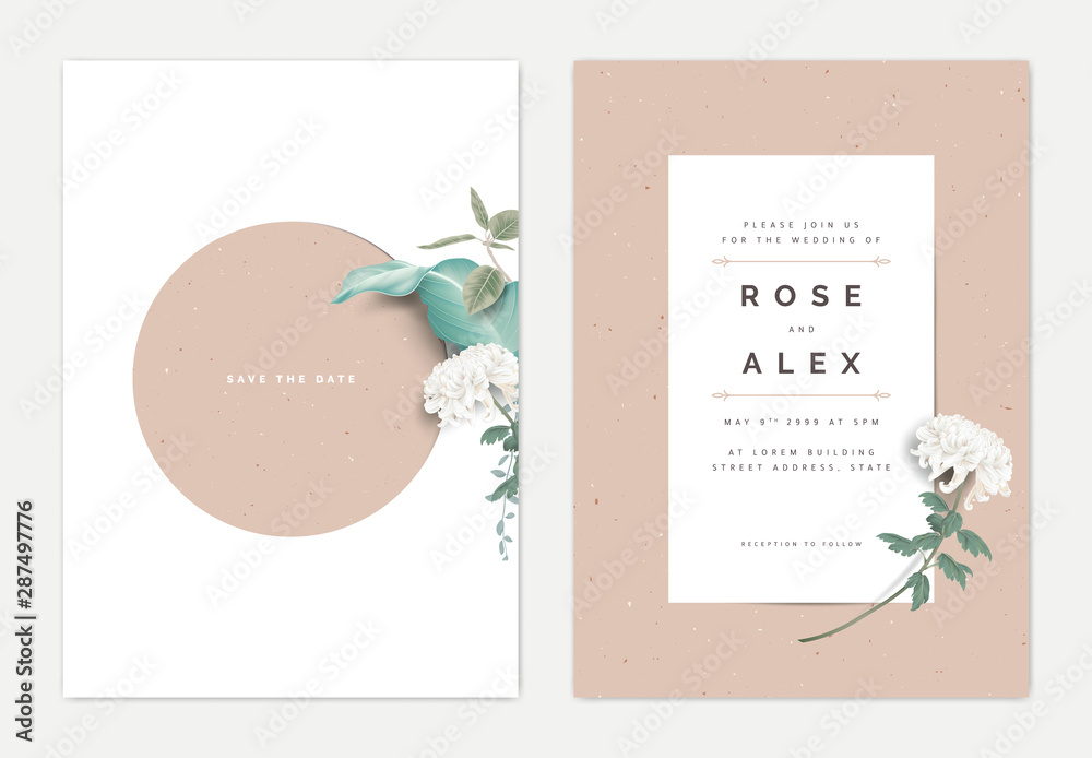 Wall mural Minimalist botanical wedding invitation card template design, white Chrysanthemum morifolium flower with leaves on white, vintage theme