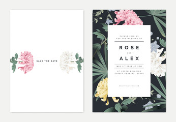 Minimalist botanical wedding invitation card template design, Chrysanthemum morifolium flowers with leaves, vintage theme