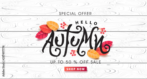 Autumn calligraphy on white wood. Seasonal lettering.autumn sale  banner background.vector illustration