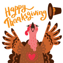 Happy Thanksgiving card with turkey. Cartoon Character Turkey