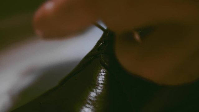 A stylish handsome man is tying up the shoue-laces on his expensive black leather shoes. Extra closeup.