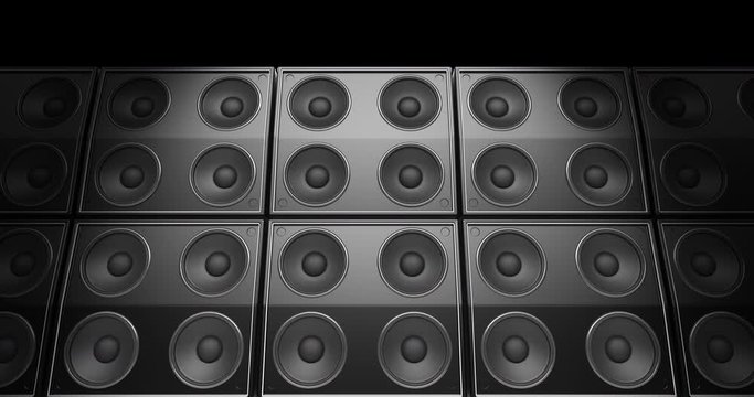 Modern Speakers Playing Music Stacked In An Endless Wall Pattern Loop. Concert Stage. Spotlight Focusing On Speakers.