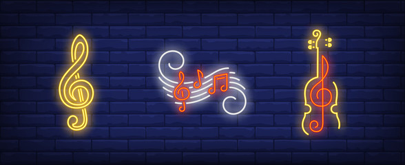 Music notes, treble clef and violin silhouette neon signs set © RedlineVector