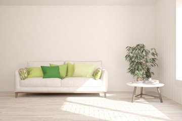 White stylish minimalist room with sofa. Scandinavian interior design. 3D illustration