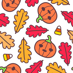 Seamless halloween pattern with pumpkins and autumn leaves for greeting card, gift box, fabric, web design. Isolated on white.