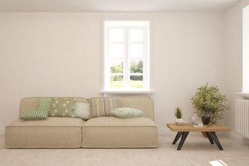 Stylish room in white color with sofa. Scandinavian interior design. 3D illustration