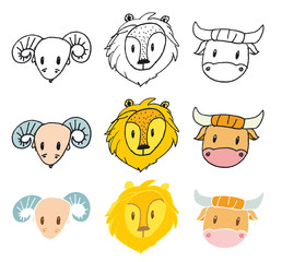 Handwritten animal characters - faces - sheep, lion, cow