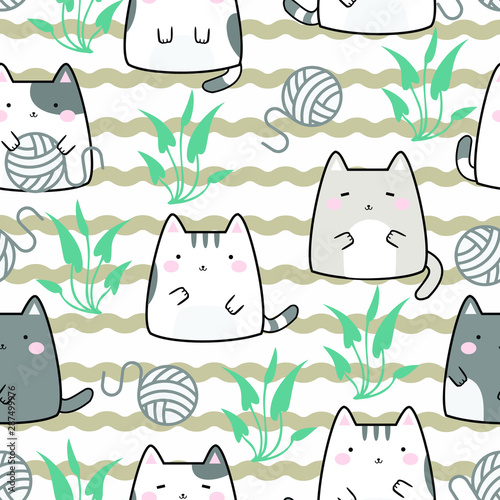 Fototapete Seamless Pattern Kawaii Cute Cats Cartoon Animals Background Vector Illustration Lindaayu