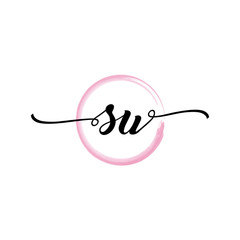 Fototapeta premium SU initial handwriting logo template. round logo in watercolor color with handwritten letters in the middle. Handwritten logos are used for, weddings, fashion, jewelry, boutiques and business