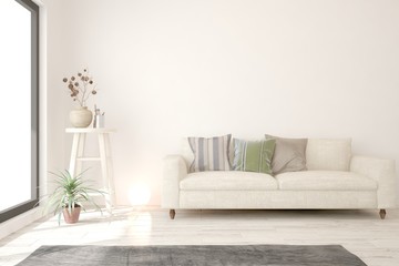 Stylish room in white color with sofa. Scandinavian interior design. 3D illustration