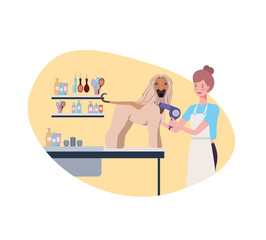 young woman with dog in pet groomer