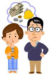 お金について悩む夫婦の全身イラスト