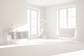 Obraz na płótnie Canvas Mock up of stylish room in white color with armchair. Scandinavian interior design. 3D illustration