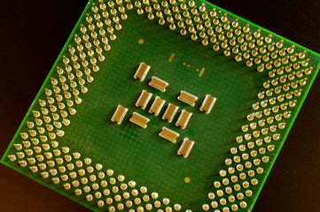 Green chip CPU closeup of the old computer