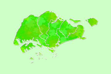 Singapore watercolor map vector illustration of green color with border lines of different regions on light background using paint brush in page