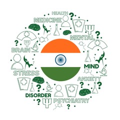 Mental health creative concept. Circle frame with medicine thin line icons and tags. Flag of the India