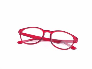 red eyeglasses isolated on white background.
