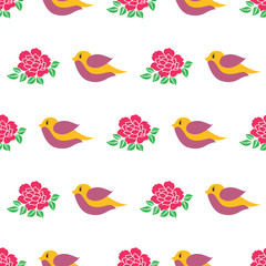 Obraz premium Vector birds and roses horizontal lines seamless