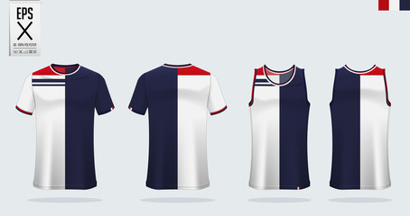 T-shirt sport mockup template design for soccer jersey, football kit, tank top for basketball jersey and running singlet. Sport uniform in front view and back view.  Vector Illustration.