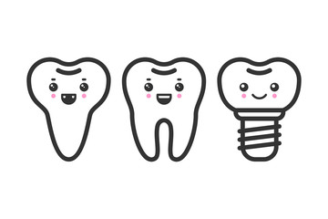 Cute teeth outline set with different emotions. Different tooth form. Flat vector tooth isolated illustration.