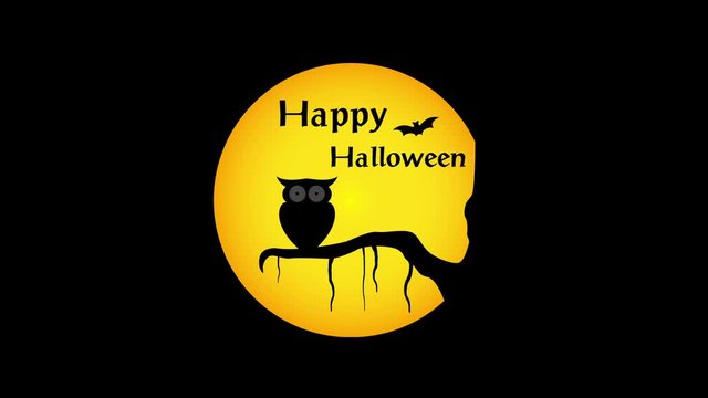  2D Animation happy Halloween background with Illustration owl silhouette on full moon