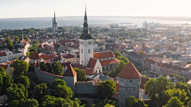 Tallinn, Estonia: morning drone close-up flight near tower of  St. Nicholas' Church in old town
