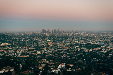 View of downtown Los Angeles at sunset, from Griffith Observatory, in Los Angeles, California
