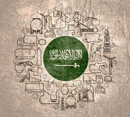 Obraz premium Concept of industrial plant and manufacture building. Energy generation and heavy industry. Brochure or cover design template. Circle frame with industrial thin line icons. Flag of the Saudi Arabia