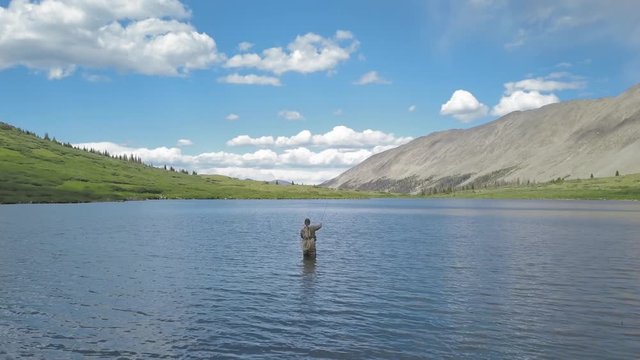 Drone shot of fly fisherman at a high alpine lake in Colorado