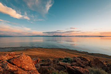 View of the Great Salt Lake at sunset, at Antelope Island State Park, Utah