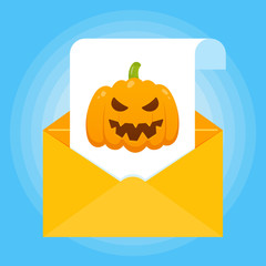 Paper sheet with halloween pumpkin with scary face on it and envelope icon sign flat style design isolated on light blue background vector illustration