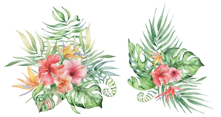  watercolor tropical plants bouquets set. Exotic flowers and leaves, © EvgeniiasArt
