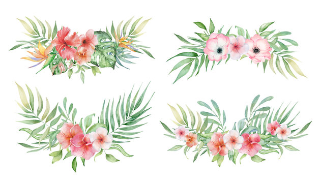 watercolor tropical plants bouquets set. Exotic flowers and leaves,
