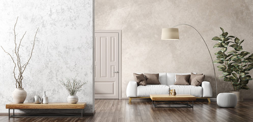 Interior of living room with white sofa 3d rendering - obrazy, fototapety, plakaty