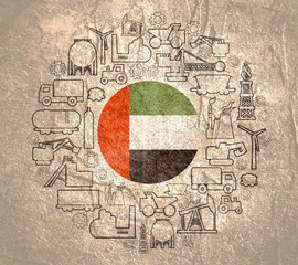 Concept of industrial plant and manufacture building. Energy generation and heavy industry. Brochure design template. Circle frame with industrial thin line icons. Flag of the United Arab Emirates