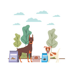 dogs with bowl and pet food on landscape