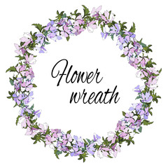 Floral wreath of purple and pink flowers on a white background for decoration of cards, congratulations and invitations. Malva sylvestris flowers.