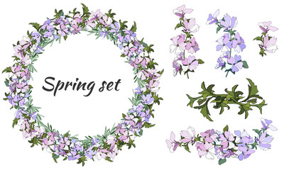Set of Malva sylvestris flowers on a white background. Floral wreath of delicate purple and pink flowers to decorate cards, congratulations and invitations.