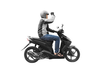 Fototapeta na wymiar Asian motorcycle taxi man with his motorcycle