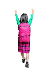 Rear view of Asian cute girl with a backpack and excited expression standing