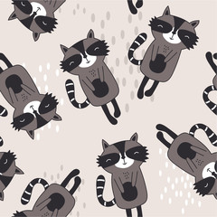 Happy raccoons, hand drawn backdrop. Colorful seamless pattern with animals. Decorative cute wallpaper, good for printing. Overlapping colored background vector. Design illustration