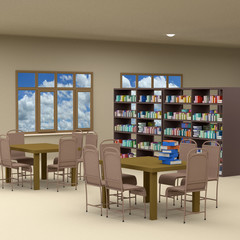 many books on bookshelf and books on table ,3D rendering