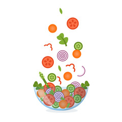 Vegetable salad in a glass bowl with ingredients flying in the air. Healthy eating concept. Flat vector illustration.
