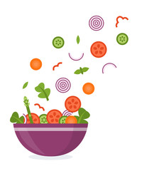 Sliced fresh vegetables flying in a bowl. Healthy eating concept. Vector illustration in flat design.
