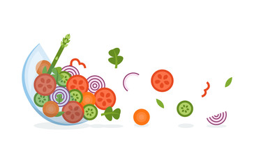 Fresh vegetables coming out from a glass bowl. Healthy eating concept. Flat vector illustration.