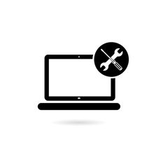 Black Laptop repair icon on white background. Laptop service concept
