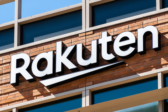 August 24, 2019 San Mateo / CA / USA - Close up Rakuten sign at their headquarters located in Silicon Valley; Rakuten Inc is a Japanese electronic commerce and Internet company based in Tokyo